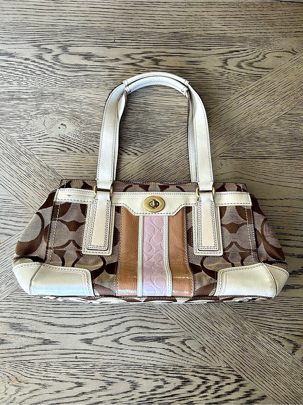 Coach Signature Turnlock Tote Shoulder Bag Brown & White